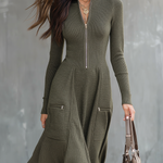 Vintage Zipper Neck Pocket Knit Midi Dress