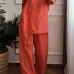 Solid Color Cotton And Linen Cropped Top & Wide Leg Pants Two-Piece Set