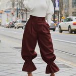 High Waisted Pleated Pockets Ruffle Trim Solid Color Pants