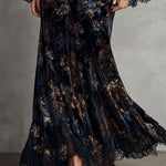 Midnight Floral Velvet Flowing Gown With Lace-Trim Bell Sleeves
