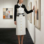 Long Sleeves Buttoned Contrast Color Split-Joint Lapel Midi Dresses