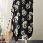 Loose Three-quarter Sleeves Buttoned Flower Print Stand Collar Midi Dresses