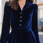 Navy Velvet Blazer Collar Puff Sleeve Romper