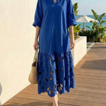 A-Line Long Sleeves Hollow Pleated Solid Color Split-Joint V-Neck Maxi Dresses
