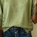 Women'S Casual Round-Neck Button-Up Cotton And Linen Top