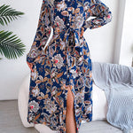 Long Sleeves Buttoned Flower Print Tied Waist Lapel Maxi Dresses
