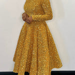 A-Line High Waisted Sequined Split-Joint Zipper Round-Neck Maxi Dresses