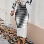 Long Sleeves Loose Contrast Color Striped V-Neck Midi Dresses Sweater Dresses