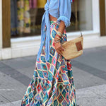 Ethnic Print Drawstring Elastic Waist Maxi Skirt