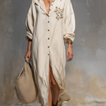 Loose Single-breasted Floral Embroidered Cotton And Linen Long-sleeved Maxi Dress