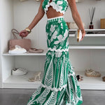 Cassie Ric Rac Trims Unique Print Halter Ring Tank and High Rise Wide Leg Pants Set