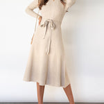 High Waisted Long Sleeves Solid Color Tied Waist Round-Neck Midi Dresses Sweater Dresses