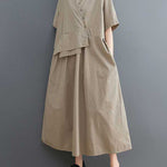 Loose Short Sleeves Pleated Solid Color Split-Joint V-Neck Midi Dresses