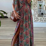 Bohemian Vintage Print Slit V Neck A Line Dresses