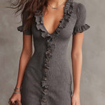 Vintage Ribbed Ruffle Button-Front Knit Dress
