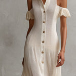 Quiet Luxury Ivory Cold-Shoulder Button-Front Midi Dress