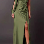 One-shoulder satin twisted high-slit maxi dress