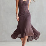 Quiet Luxury Mist Purple Ribbed Knit Midi Dress With Flare Hem