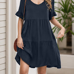 A-Line Flared Sleeves Pleated Pockets Ruffled Solid Color Split-Joint Round-Neck Mini Dresses