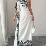 Batwing Sleeves Loose Asymmetric Elasticity Flower Print Pleated One-Shoulder Maxi Dresses