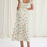 High Waisted Loose Buttoned Elasticity Flower Print Pleated Square-Neck Midi Dresses