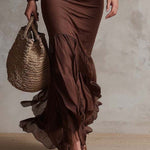 Vintage Satin Maxi Dress With Chiffon Ruffle Hem