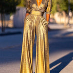 High Waisted Three-Quarter Sleeves Shiny Solid Color Deep V-Neck Jumpsuits Bottoms