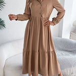 High Waisted Long Sleeves Pleated Ruffled Solid Color Lapel Midi Dresses Shirt Dress