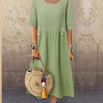 A-Line Loose Buttoned Pleated Round-Neck Midi Dresses