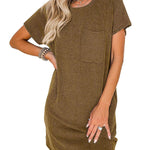 A-Line Loose Contrast Color Pockets Split-Joint Striped Round-Neck Mini Dresses