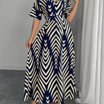 Elasticated Waist High Waisted Contrast Color Geometric Printed Split-Joint V-Neck Maxi Dresses