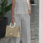 Cotton and Linen Sleeveless Top and Wide-Leg Pants Two-Piece Set