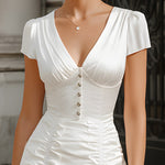 Satin V-Neck Ruched Ruffle Hem Mini Dress
