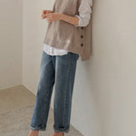 Simple Sleeveless Loose Buttoned Solid Color Round-Neck Sweater Vest Outerwear
