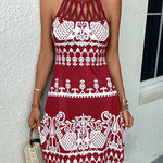 Loose Sleeveless Hollow Printed Split-Joint Halter-Neck Mini Dresses