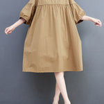Loose Short Sleeves Solid Color Round-Neck Midi Dresses
