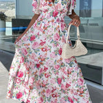 Sweet Vacation Floral V Neck Waist Skirt Dresses