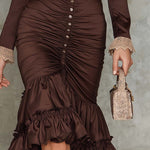 Vintage Ruffle Hem Lace Trim Polyester Satin Midi Dress