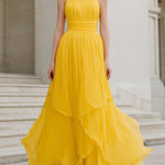 Yellow Halter Neck Pleated Chiffon Maxi Dress With Tiered Hem