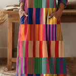 Women'S Round Neck Color-Block Striped Loose-Fitting Dress