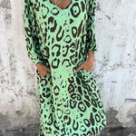 Leopard Print V-neck Pullover Long-sleeved Loose Dress