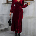 A-Line High Waisted Elasticity Solid Color Split-Front Split-Joint Tied Waist Velvet V-Neck Maxi Dresses