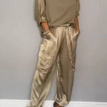 Satin Gloss Drawstring Waist-Defining Wide-Leg Workwear Set