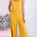 Yellow Crinkled U Neck Tank and Wide Leg Pants Set