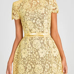 Champagne Toast Flower Lace Short Sleeve Bow Belted Mini Dress