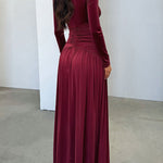 A-Line Bodycon Pleated Solid Color Split-Joint Split-Side Deep V-Neck Maxi Dresses
