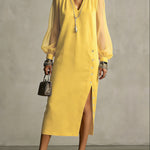 Long Sleeves Puff Sleeves Buttoned Pleated Pockets Solid Color Split-Side V-Neck Midi Dresses