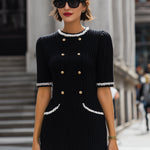 Elegant Ribbed Knit Mini Dress With Silver Trim And Gold Button Details