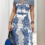 Bodycon High Waisted Flower Print Hollow Pockets Cold Shoulder Maxi Dresses