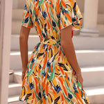 High Waisted Loose Printed Tied Waist V-Neck Mini Dresses